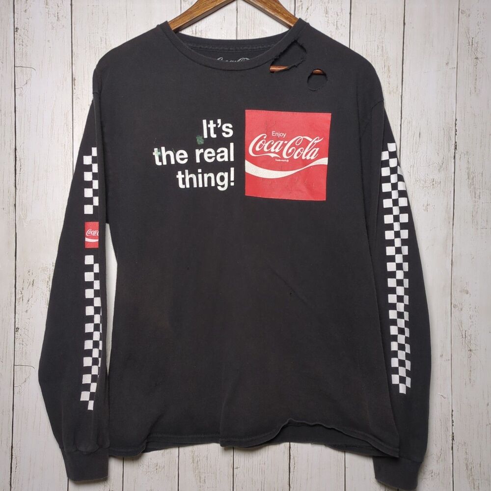 Coca Cola Black Long Sleeve Tee with Red Logo and White Checkered Sleeves